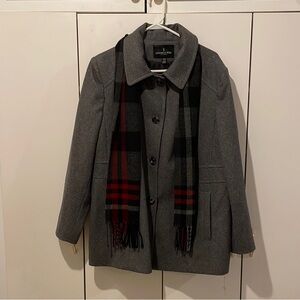 London Fog Gray Coat with Plaid Scarf